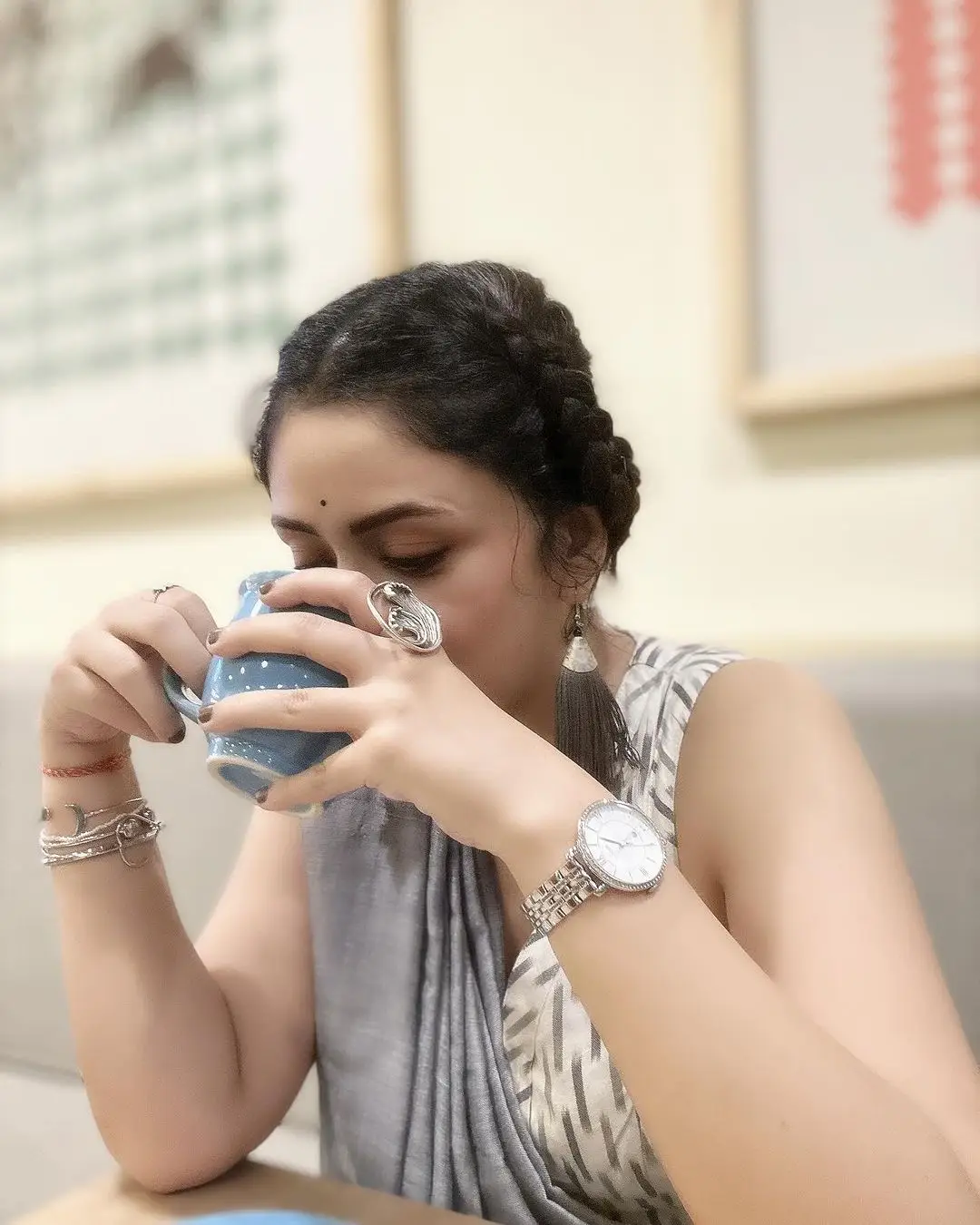 Neha Sargam In Beautiful Blue Saree Sleeveless Blouse